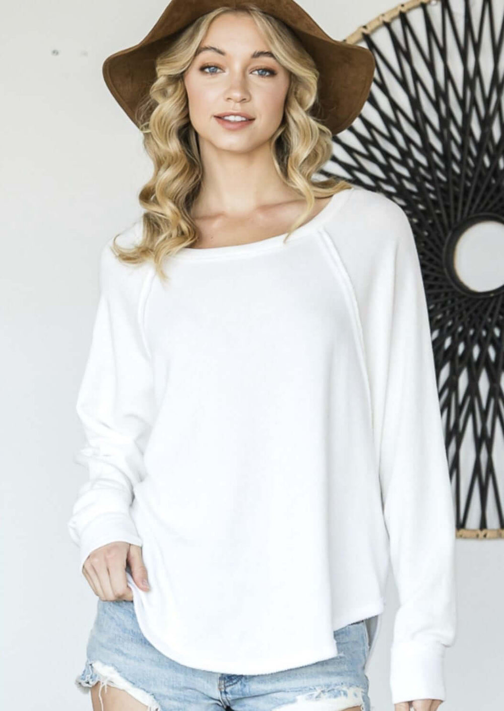 USA Made Solid French Terry Fabric Oversized Sweatshirt Long in White  | Bucket List Clothing Style# T1139B | Classy Cozy Cool Women's Made in America Boutique