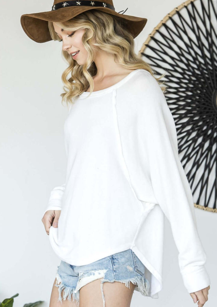 USA Made Solid French Terry Fabric Oversized Sweatshirt Long in White  | Bucket List Clothing Style# T1139B | Classy Cozy Cool Women's Made in America Boutique