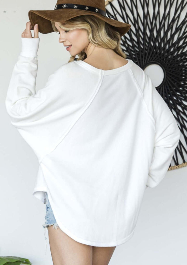 USA Made Solid French Terry Fabric Oversized Sweatshirt Long in White  | Bucket List Clothing Style# T1139B | Classy Cozy Cool Women's Made in America Boutique