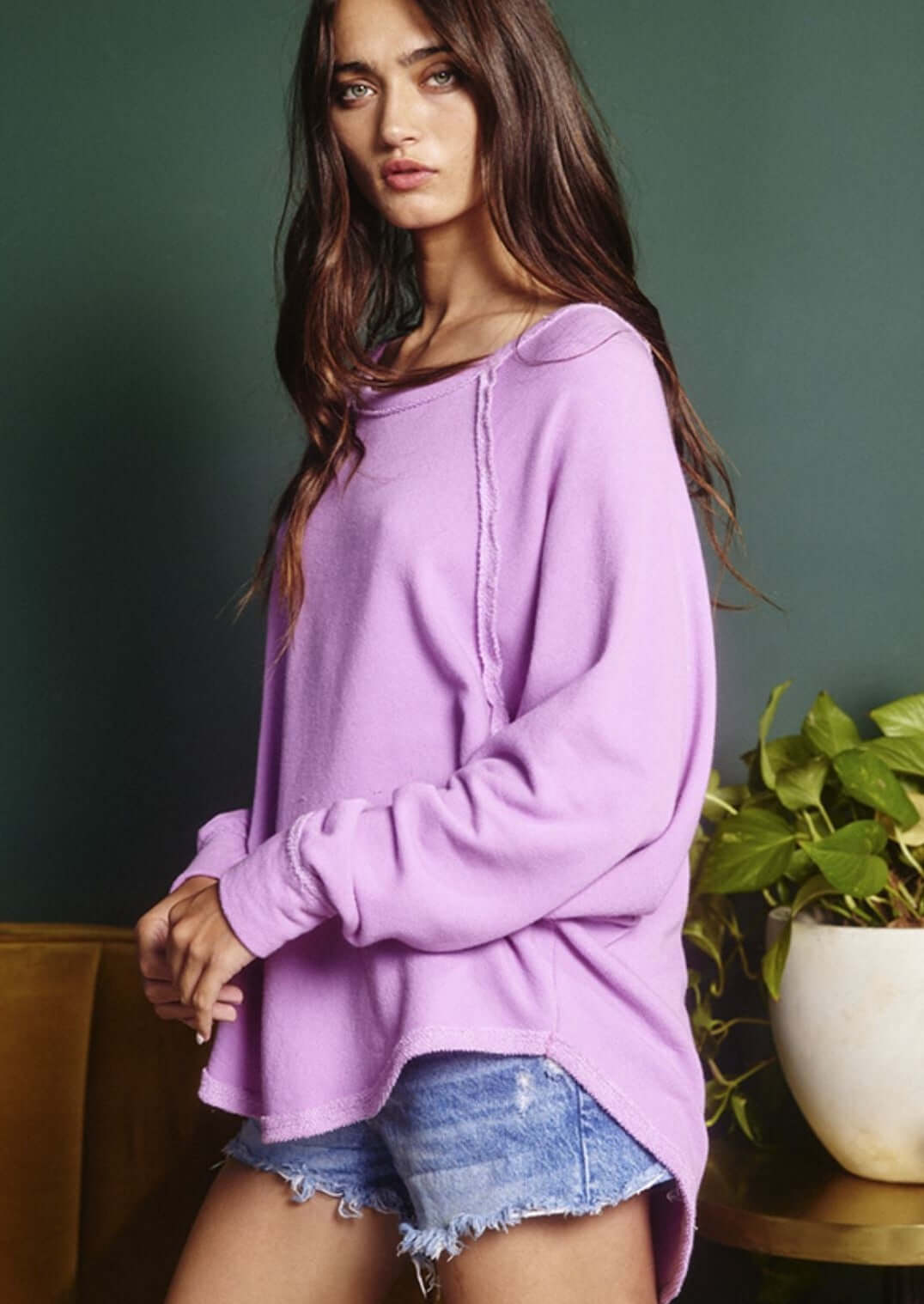 USA Made Solid French Terry Fabric Oversized Sweatshirt Long in Lavender  | Bucket List Clothing Style# T1139B | Classy Cozy Cool Women's Made in America Boutique