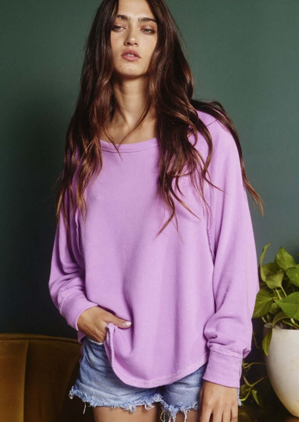 USA Made Solid French Terry Fabric Oversized Sweatshirt Long in Lavender  | Bucket List Clothing Style# T1139B | Classy Cozy Cool Women's Made in America Boutique