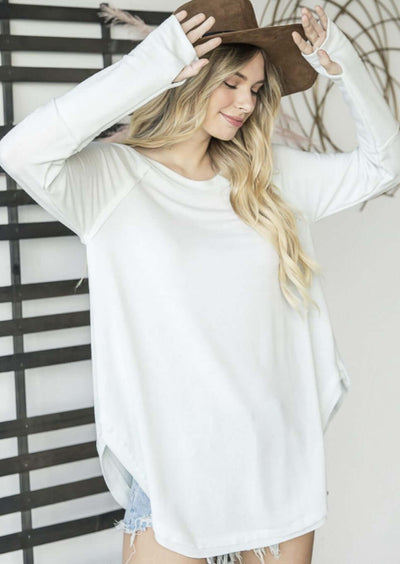 USA Made Ladies Oversized Light Mint Grey Boat Neck Raglan Sleeve Top with Thumbholes | Bucket List Clothing Style# T1167