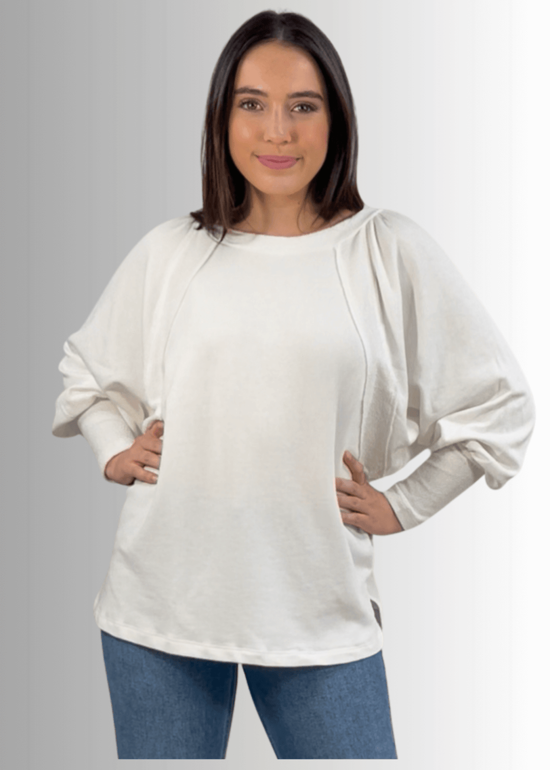 Made in USA Women's Cotton Blend Off White Solid French Terry Dolman Sleeve Boat Neck Oversized Sweatshirt, Wide Cuff, Raw edge detail, Bucket List Style# T1139