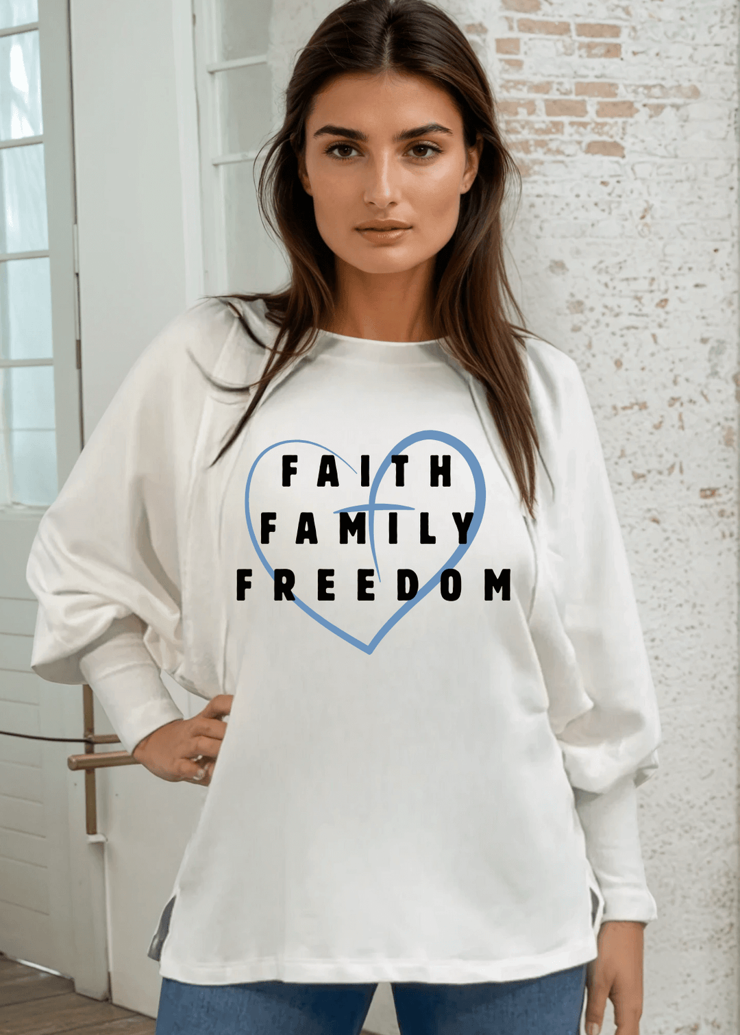 Made in USA Women's FAITH FAMILY FREEDOM Graphic on Women's Cotton Blend Off White Solid French Terry Dolman Sleeve Sweatshirt with long cuffs