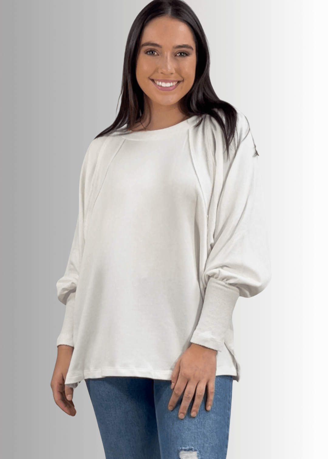 Made in USA Women's Cotton Blend Off White Solid French Terry Dolman Sleeve Boat Neck Oversized Sweatshirt, Wide Cuff, Raw edge detail, Bucket List Style# T1139