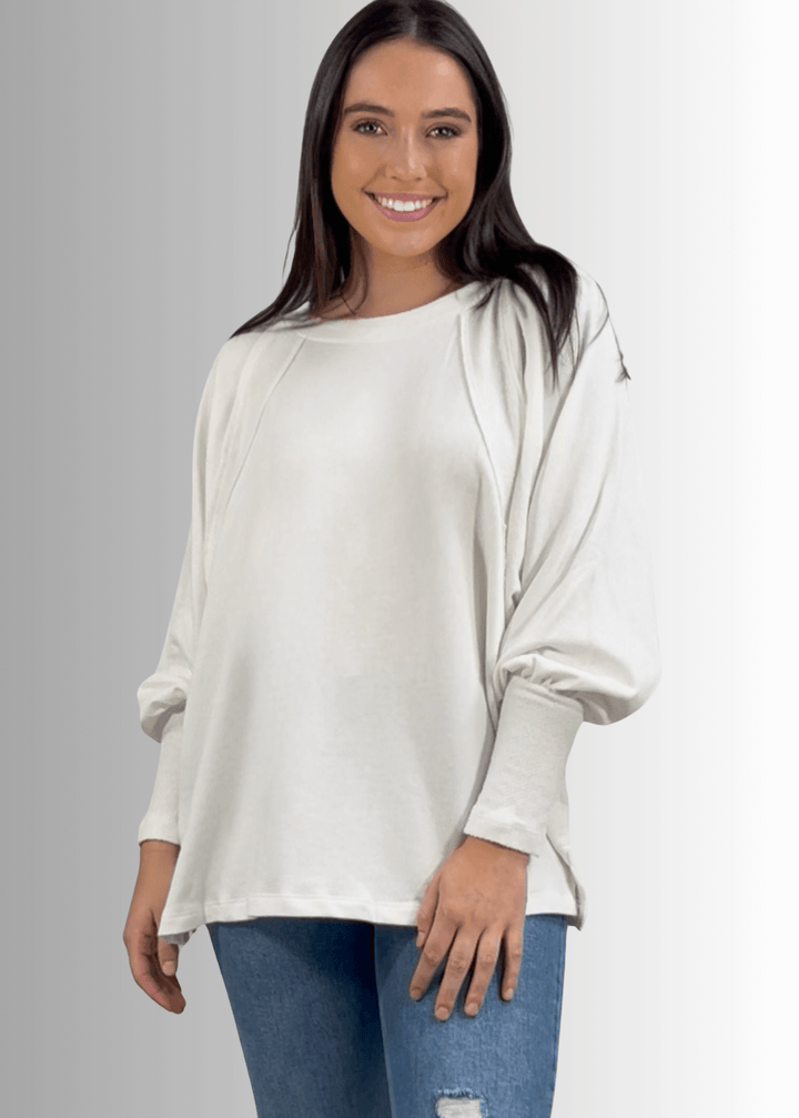Made in USA Women's Cotton Blend Off White Solid French Terry Dolman Sleeve Boat Neck Oversized Sweatshirt, Wide Cuff, Raw edge detail, Bucket List Style# T1139