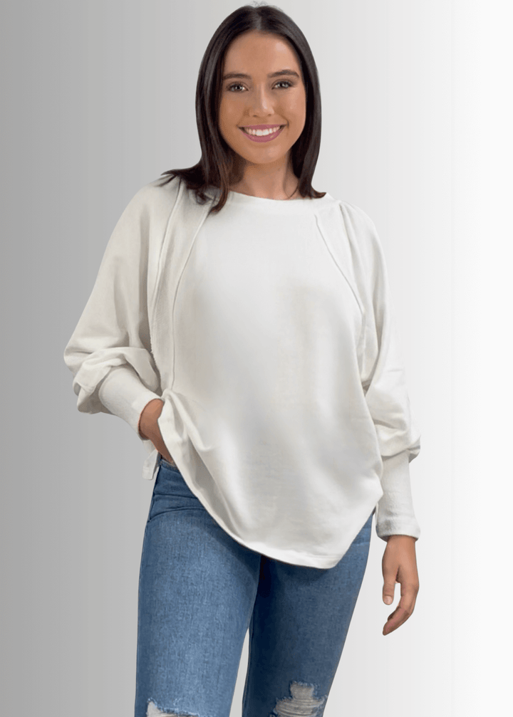 Made in USA Women's Cotton Blend Off White Solid French Terry Dolman Sleeve Boat Neck Oversized Sweatshirt, Wide Cuff, Raw edge detail, Bucket List Style# T1139