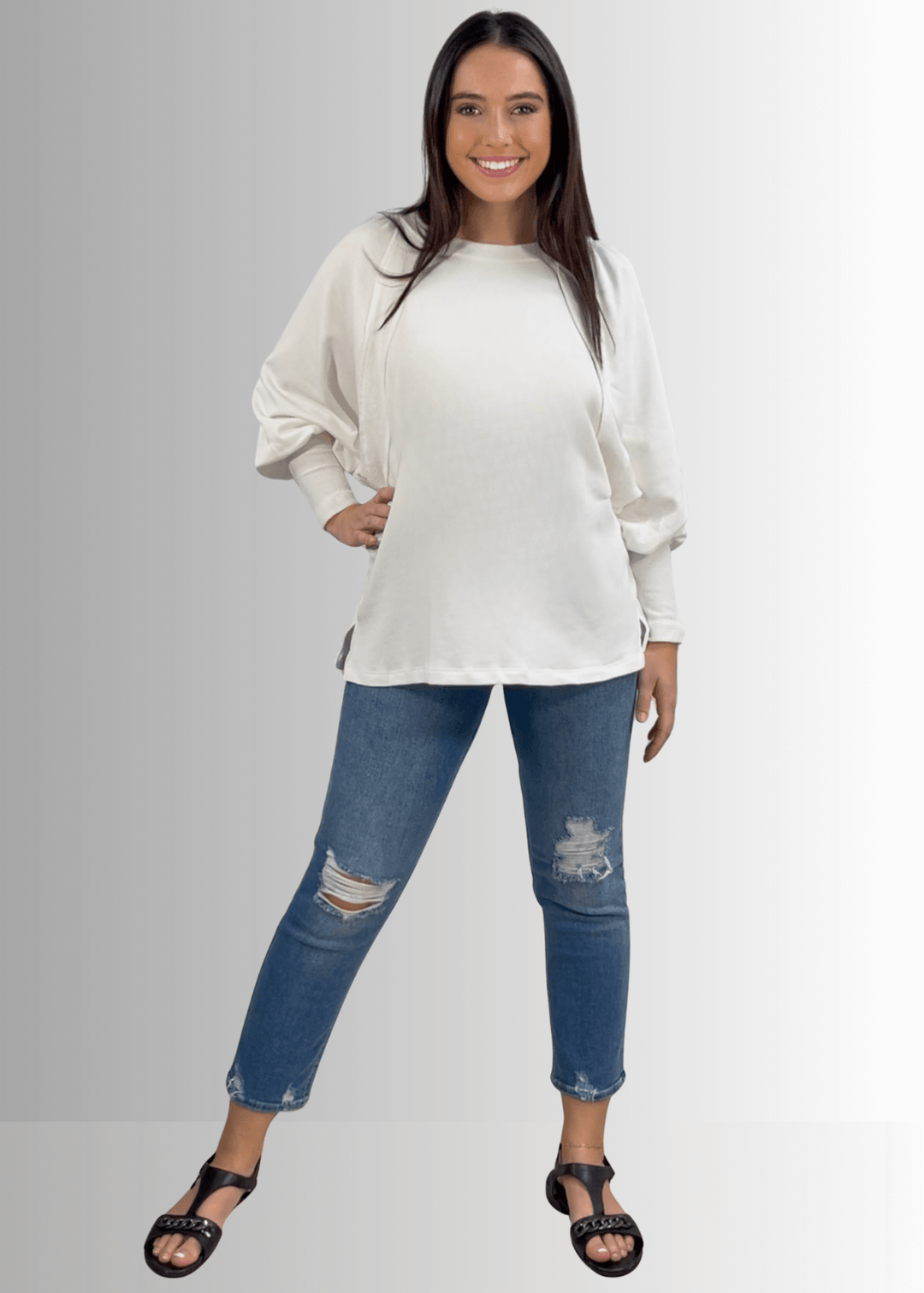 Made in USA Women's Cotton Blend Off White Solid French Terry Dolman Sleeve Boat Neck Oversized Sweatshirt, Wide Cuff, Raw edge detail, Bucket List Style# T1139