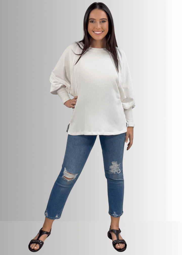 Made in USA Women's Cotton Blend Off White Solid French Terry Dolman Sleeve Boat Neck Oversized Sweatshirt, Wide Cuff, Raw edge detail, Bucket List Style# T1139