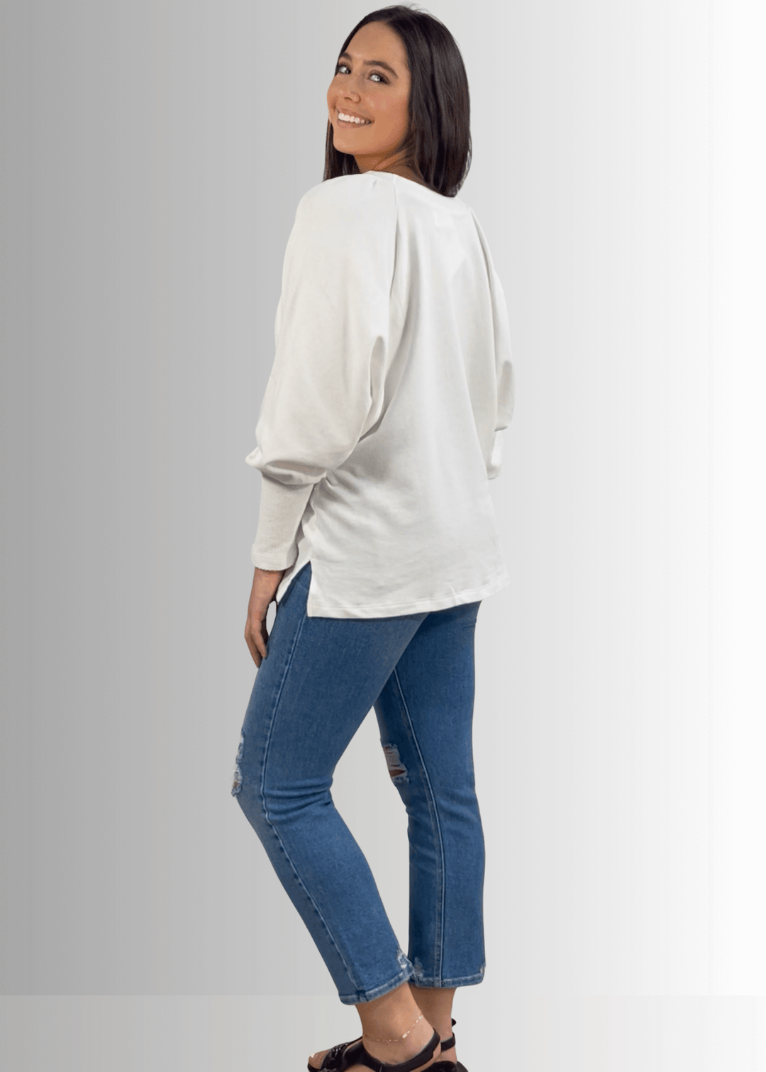 Made in USA Women's Cotton Blend Off White Solid French Terry Dolman Sleeve Boat Neck Oversized Sweatshirt, Wide Cuff, Raw edge detail, Bucket List Style# T1139