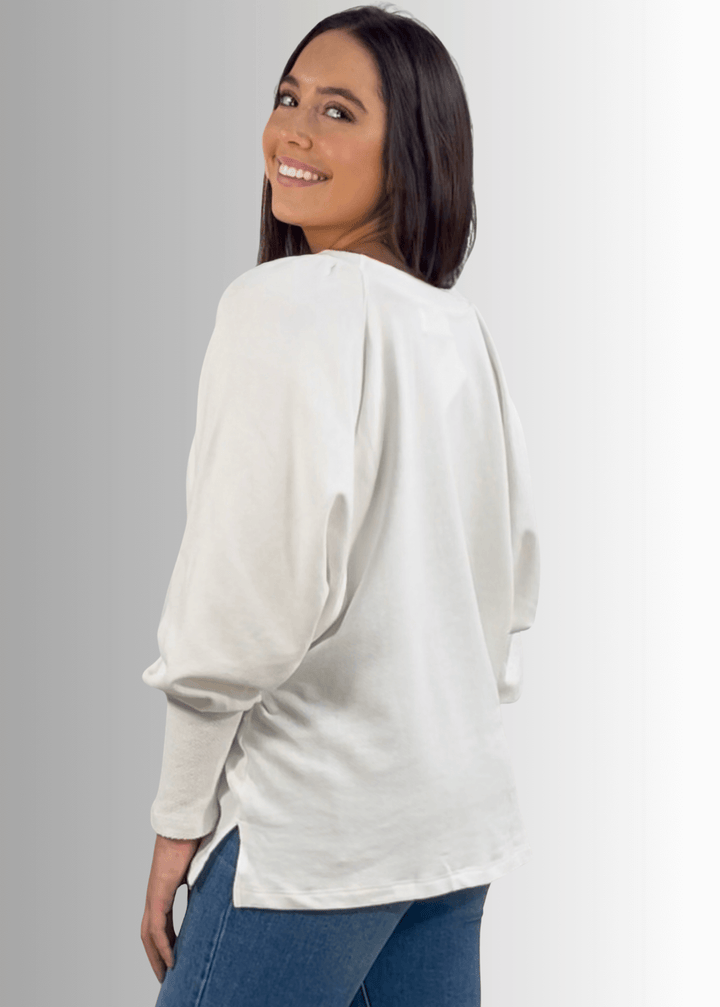 Made in USA Women's Cotton Blend Off White Solid French Terry Dolman Sleeve Boat Neck Oversized Sweatshirt, Wide Cuff, Raw edge detail, Bucket List Style# T1139