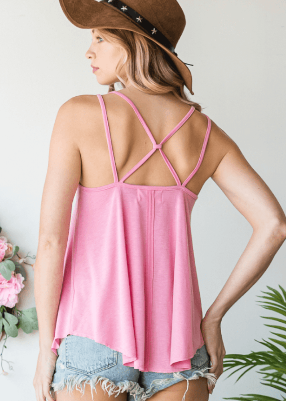 Pink Strappy Crossed Back Soft Flowy Ladies Tank Top  | Brand: Bucket List | Style # T1714 | Made in USA | Classy Cozy Cool Women’s Clothing Boutique