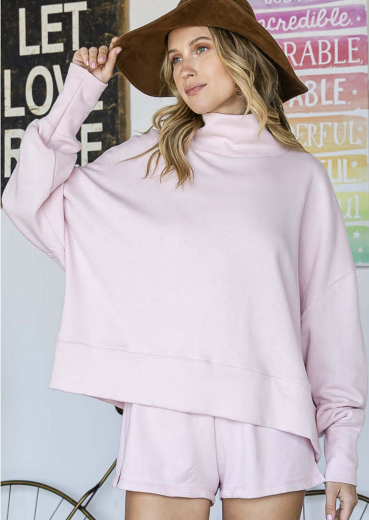 Bucket List Style# T1752 | Ladies Soft & Comfortable Baby Pink Mock Turtle Neck Cotton Dolman Sleeve Sweatshirt | Made in USA | Classy Cozy Cool Women's Made in America Boutique
