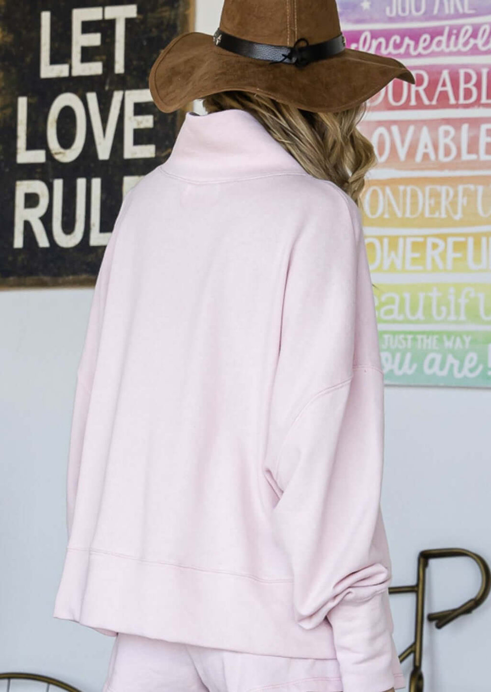 Bucket List Style# T1752 | Ladies Soft & Comfortable Baby Pink Mock Turtle Neck Cotton Dolman Sleeve Sweatshirt | Made in USA | Classy Cozy Cool Women's Made in America Boutique