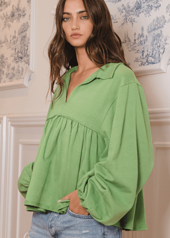 Sage Cotton Bubble Sleeve Sweatshirt