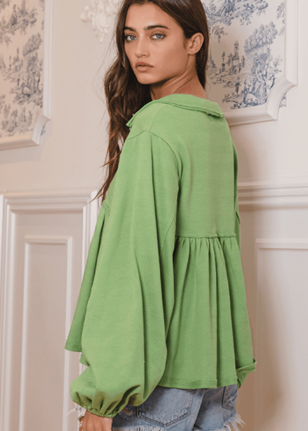 Sage Cotton Bubble Sleeve Sweatshirt