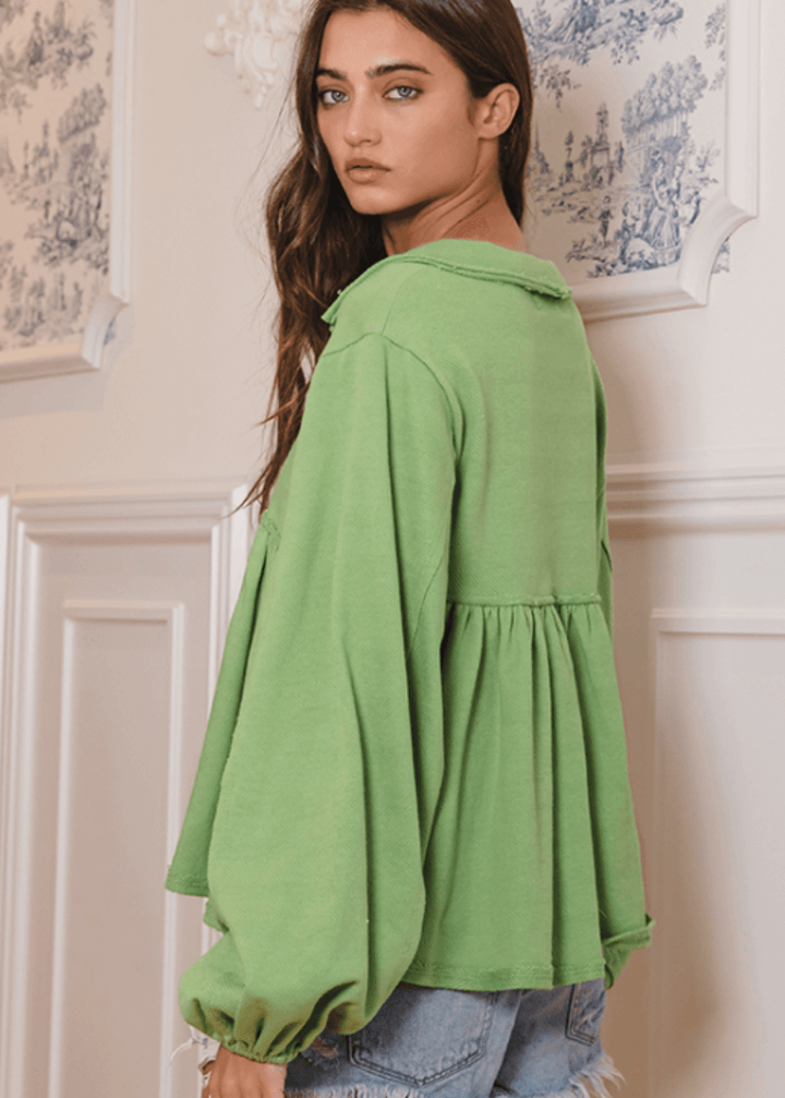 Sage Cotton Bubble Sleeve Sweatshirt