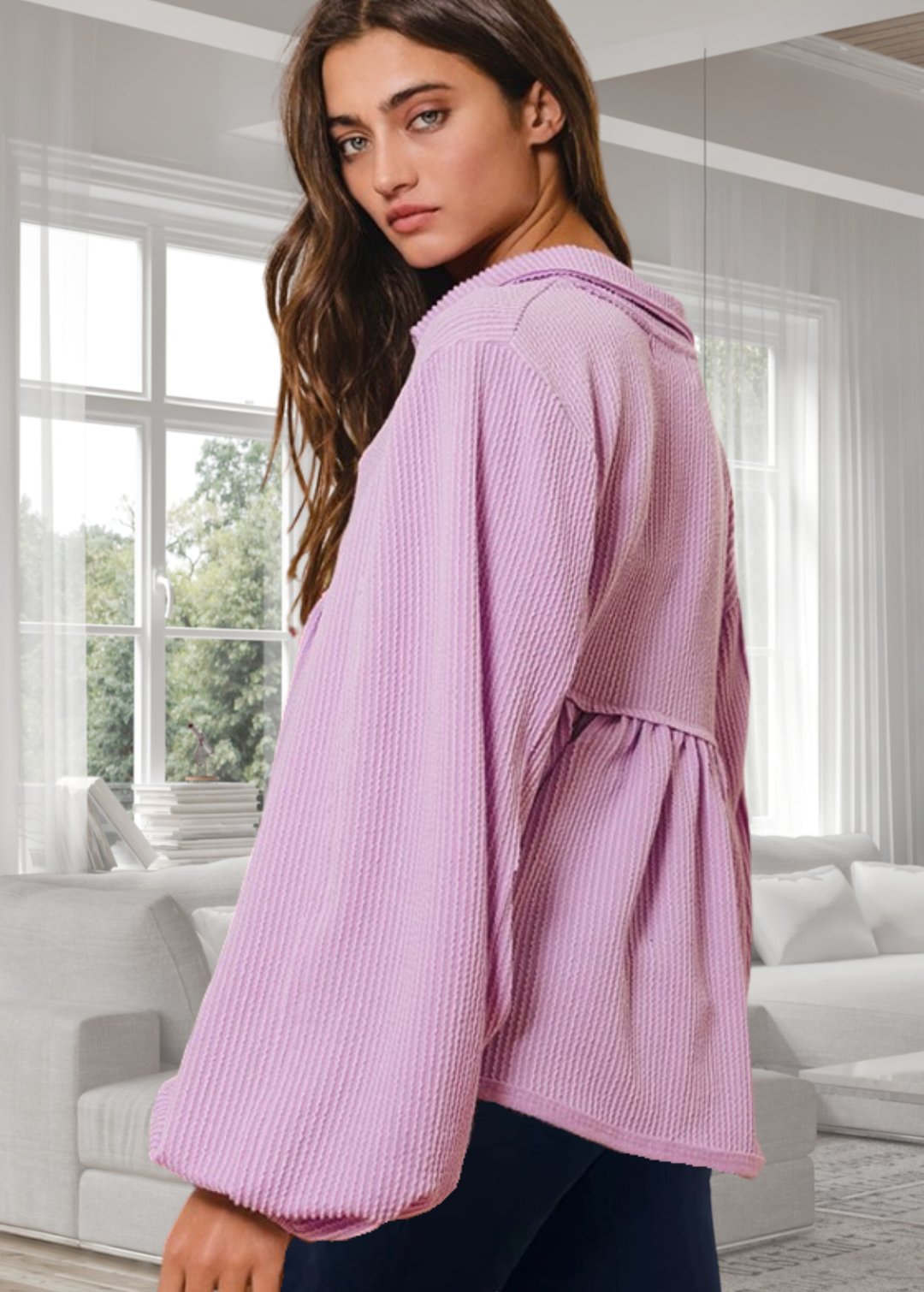 Textured Women's Baby Doll Bubble Sleeve Top in Lilac | Bucket List Clothing Style # T1902 |  Made in USA | Classy Cozy Cool Women’s Clothing Boutique