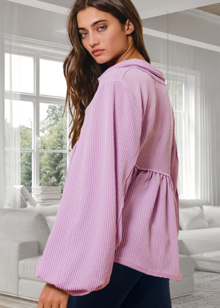 Textured Women's Baby Doll Bubble Sleeve Top in Lilac | Bucket List Clothing Style # T1902 |  Made in USA | Classy Cozy Cool Women’s Clothing Boutique