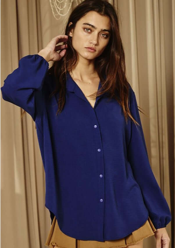 Bucket List Style# T1943 | Ladies Solid Dressy Button Down Top with Bubble Sleeves in Navy Color | Made in USA | Classy Cozy Cool American Made Women's Clothing Boutique