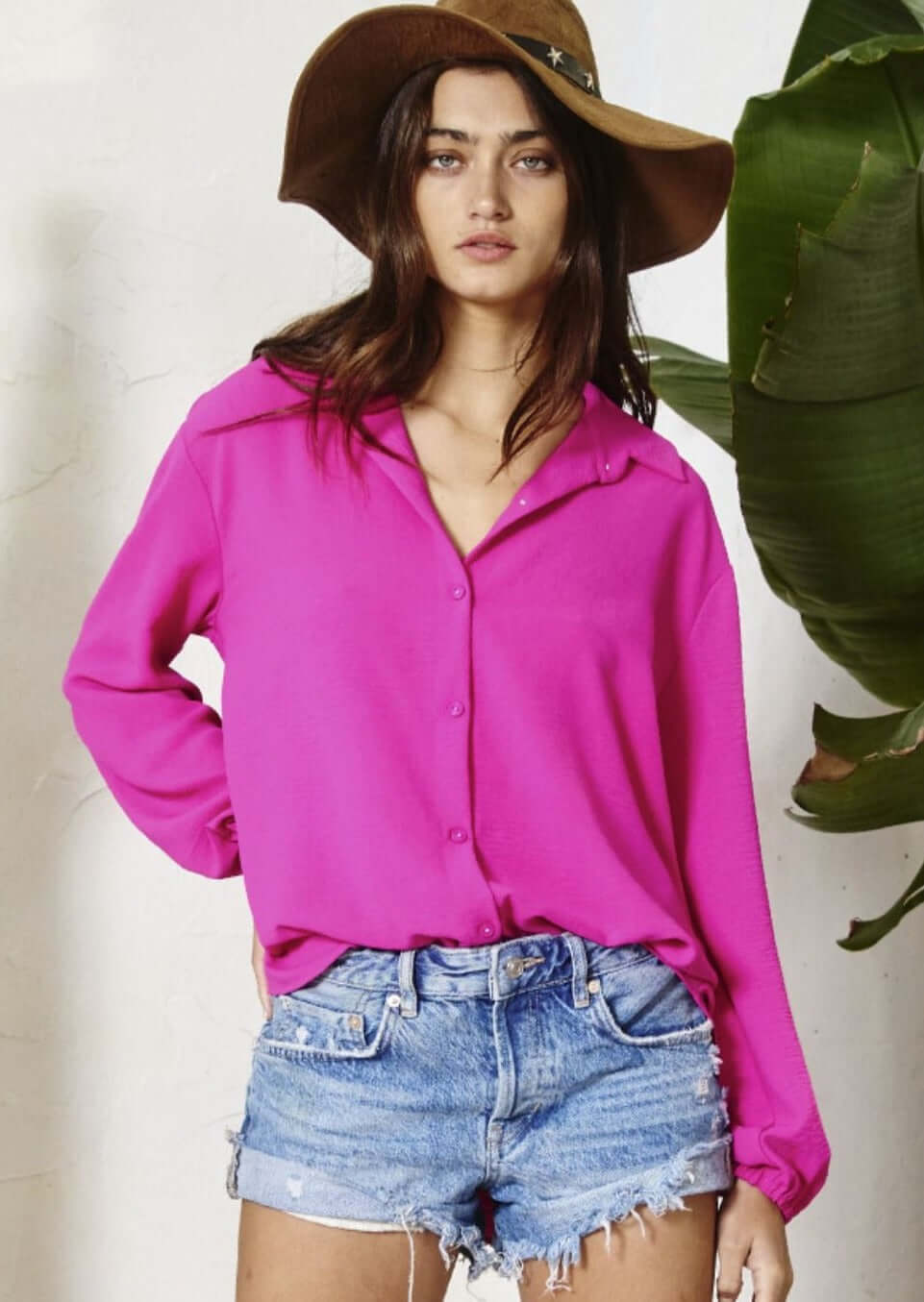 Bucket List Style# T1943 | Ladies Solid Dressy Button Down Top with Bubble Sleeves in Fuchsia Color | Made in USA | Classy Cozy Cool American Made Women's Clothing Boutique