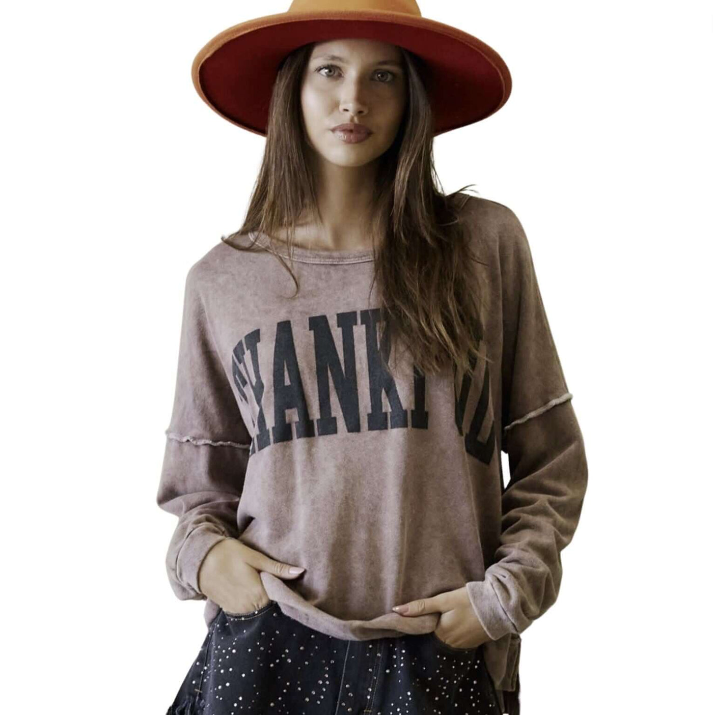 Made in USA Women's Oversized Graphic Garment Washed Vintage Look Sweatshirt with "Thankful" Graphic Lettering and Raw seam detail in Coffee Brown | Classy Cozy Cool Women's Made in America Boutique