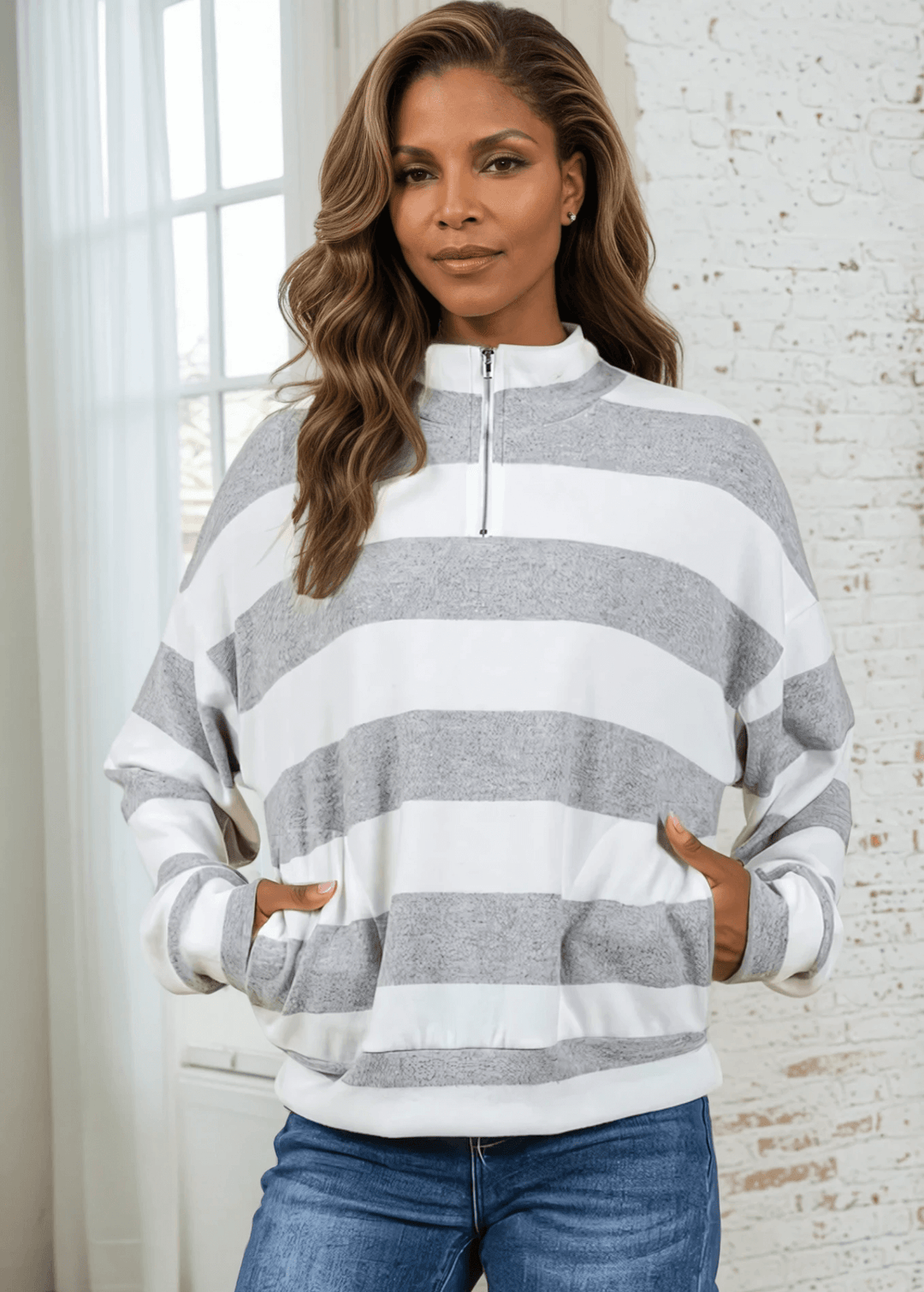 Made in USA Kathryn Women's Soft Textured Striped Cozy Pullover, Mock Neck with Zip Down Collar, Relaxed Fit in Grey and Off White Bold Stripes