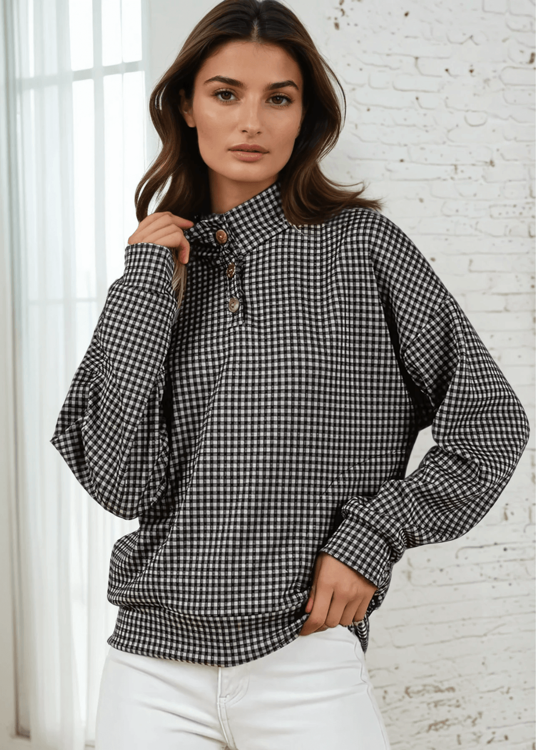 Made in USA Joanna Women's Checkered Button Collar Pullover in Black , Mock Neck with 3 Button Down Collar, Relaxed Fit in Black | Classy Cozy Cool Made in America Boutique
