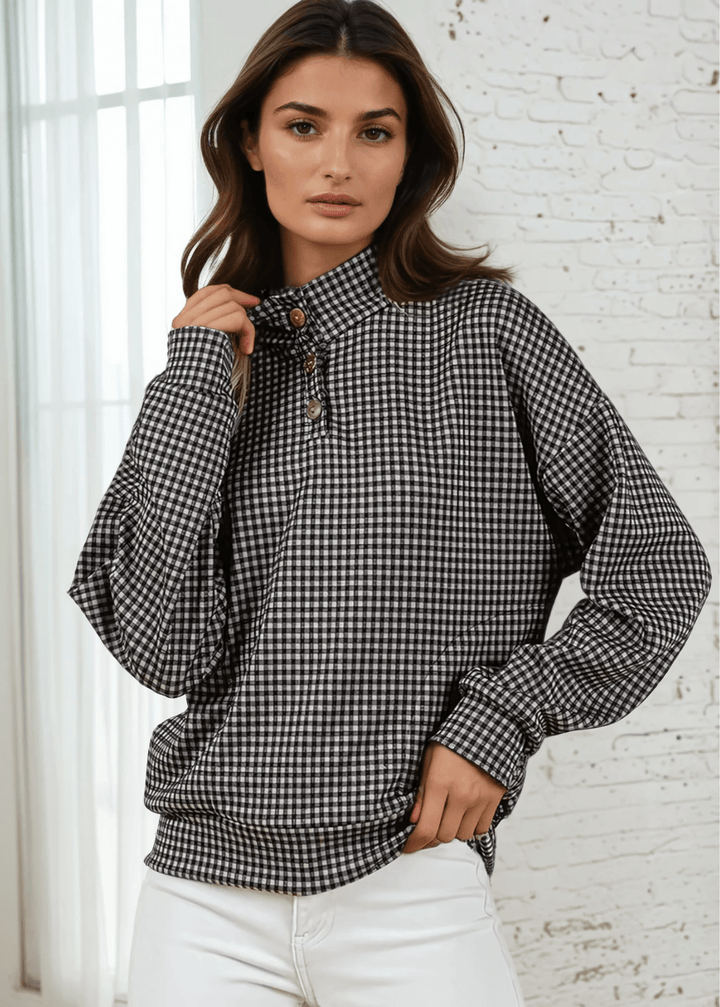 Made in USA Joanna Women's Checkered Button Collar Pullover in Black , Mock Neck with 3 Button Down Collar, Relaxed Fit in Black | Classy Cozy Cool Made in America Boutique