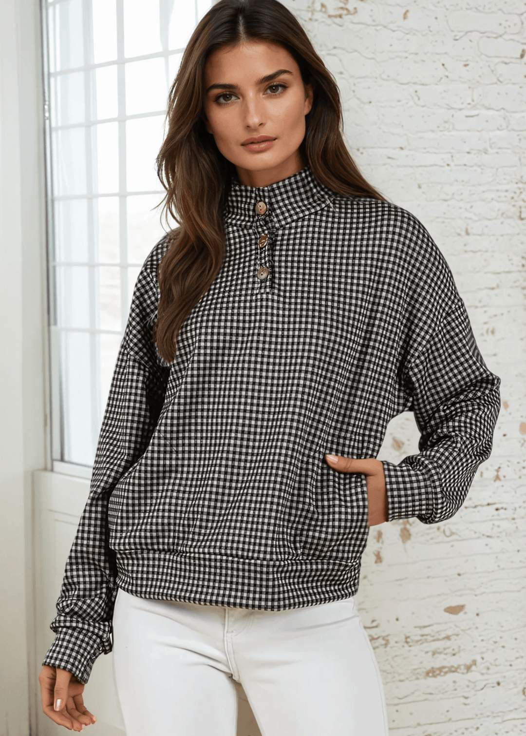 Made in USA Joanna Women's Checkered Button Collar Pullover in Black , Mock Neck with 3 Button Down Collar, Relaxed Fit in Black | Classy Cozy Cool Made in America Boutique