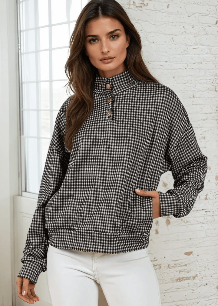 Made in USA Joanna Women's Checkered Button Collar Pullover in Black , Mock Neck with 3 Button Down Collar, Relaxed Fit in Black | Classy Cozy Cool Made in America Boutique