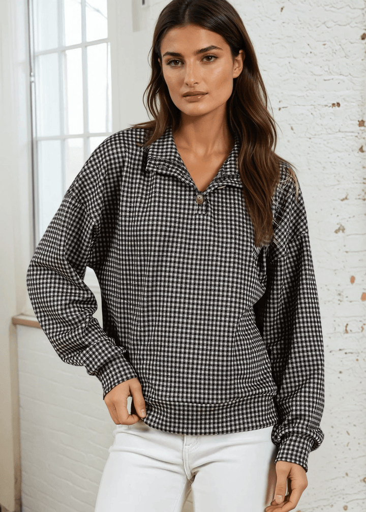Made in USA Joanna Women's Checkered Button Collar Pullover in Black , Mock Neck with 3 Button Down Collar, Relaxed Fit in Black | Classy Cozy Cool Made in America Boutique