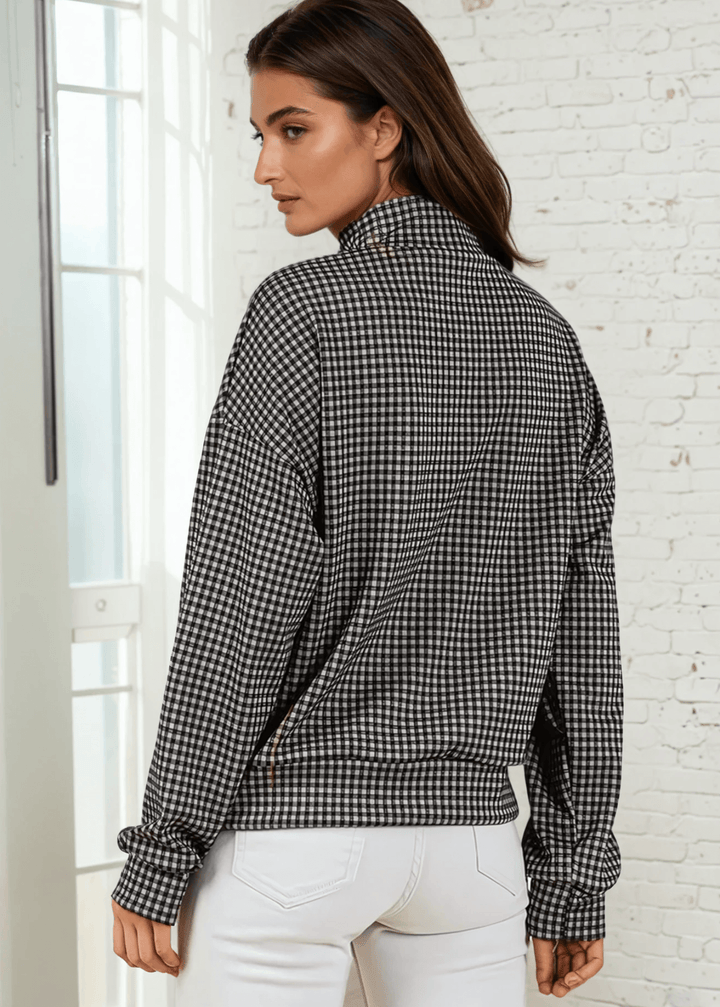 Made in USA Joanna Women's Checkered Button Collar Pullover in Black , Mock Neck with 3 Button Down Collar, Relaxed Fit in Black | Classy Cozy Cool Made in America Boutique