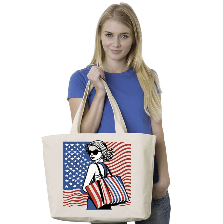 Made in USA Classy Cozy Cool Swag Jumbo Tote Bag 12 oz. 100% Cotton Extra Long Natural Web Handles 22" Handle, Size  20W x 14.5H x 4.5D