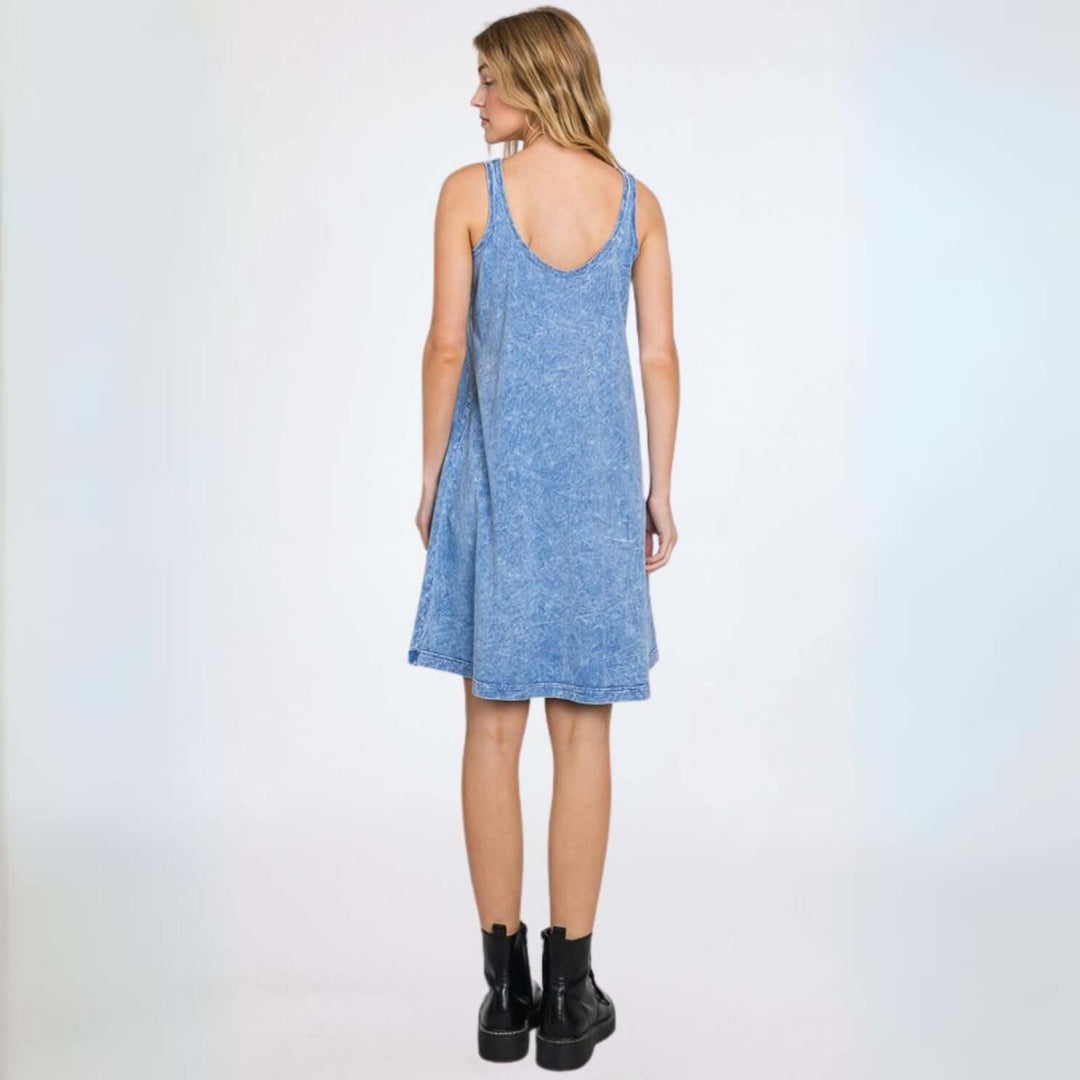 USA Made Women's Breathable Cotton Mineral Washed Sleeveless Mini Tank Dress in Blue  | Classy Cozy Cool Made in America Boutique