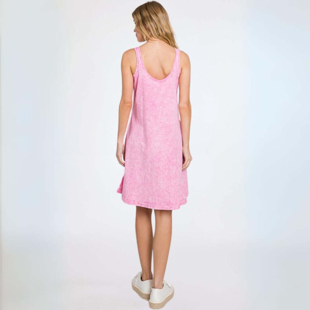 USA Made Women's Breathable Cotton Mineral Washed Sleeveless Mini Tank Dress in Pink | Classy Cozy Cool Made in America Boutique