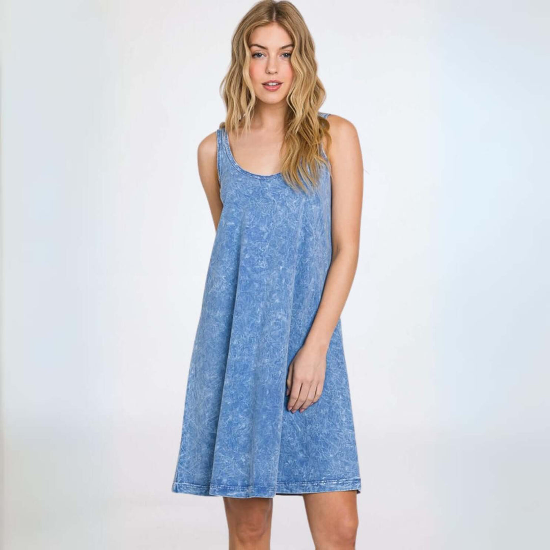 USA Made Women's Breathable Cotton Mineral Washed Sleeveless Mini Tank Dress in Blue  | Classy Cozy Cool Made in America Boutique