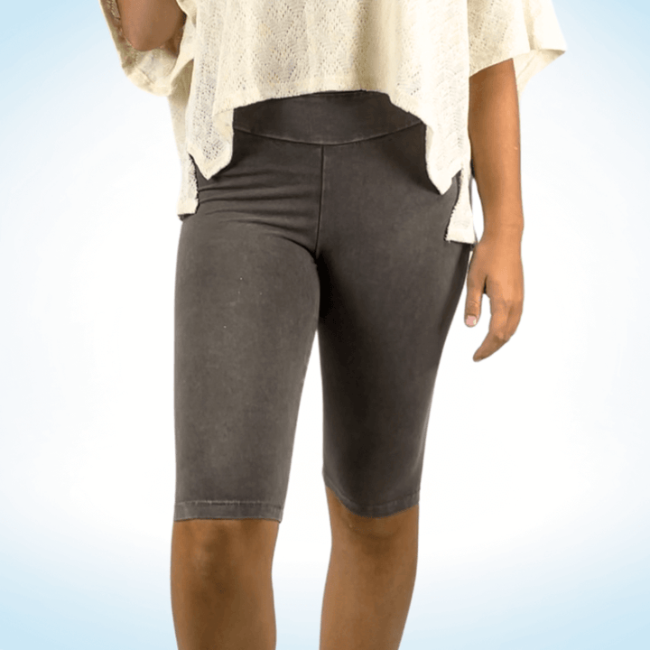 Ladies Mineral Washed in Desert Taupe Knee Length Biker Shorts | Chatoyant Style# C30331 | Made in USA | Classy Cozy Cool Women's Made in America Boutique