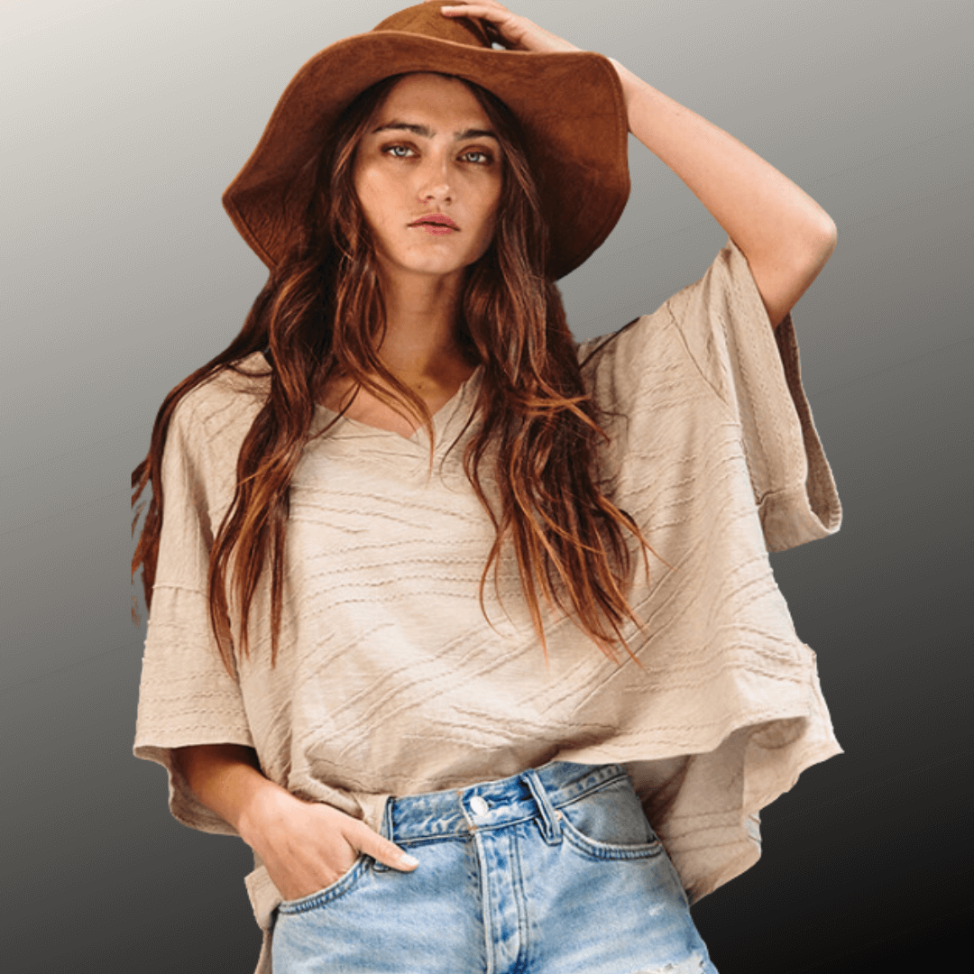 Bucket List Clothing Style# T1722 | Women's V-Neck Boxy Textured Taupe Oversized Top Made in USA | Classy Cozy Cool Women's Made in America Clothing Boutique