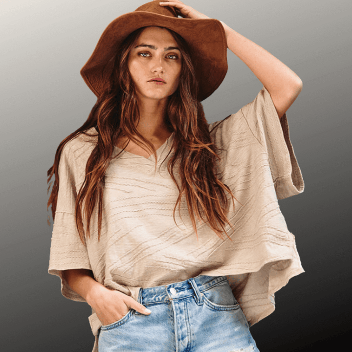 Bucket List Clothing Style# T1722 | Women's V-Neck Boxy Textured Taupe Oversized Top Made in USA | Classy Cozy Cool Women's Made in America Clothing Boutique