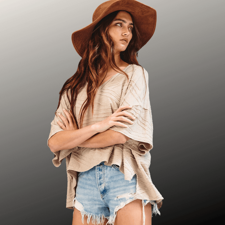 Bucket List Clothing Style# T1722 | Women's V-Neck Boxy Textured Taupe Oversized Top Made in USA | Classy Cozy Cool Women's Made in America Clothing Boutique