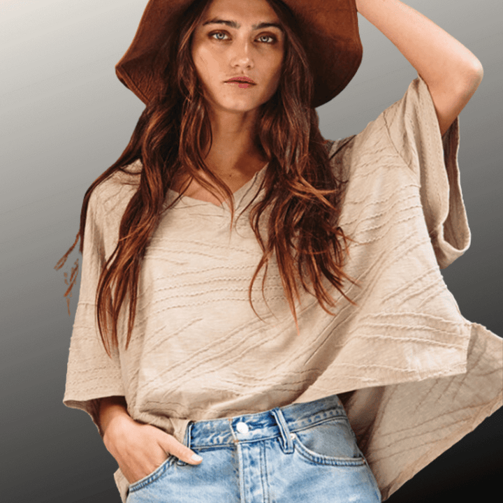 Bucket List Clothing Style# T1722 | Women's V-Neck Boxy Textured Taupe Oversized Top Made in USA | Classy Cozy Cool Women's Made in America Clothing Boutique