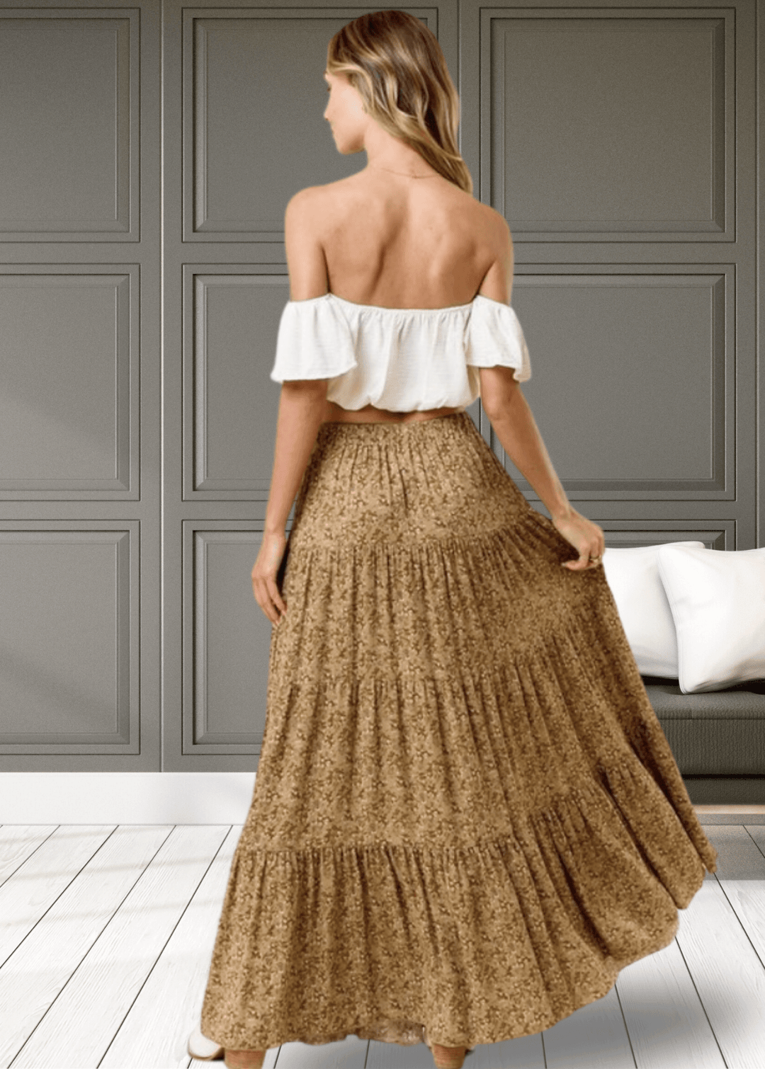 Made in USA Women's Taupe Mustard Rayon Ditsy Floral Maxi Skirt | Classy Cozy Cool Made in America Boutique