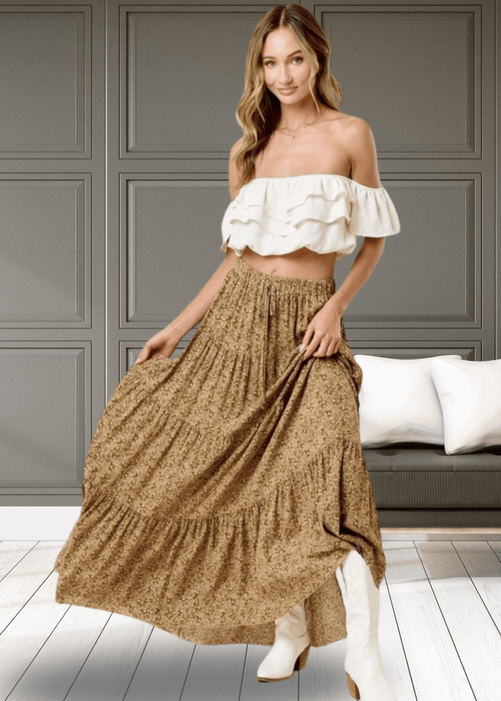 Made in USA Women's Taupe Mustard Rayon Ditsy Floral Maxi Skirt | Classy Cozy Cool Made in America Boutique