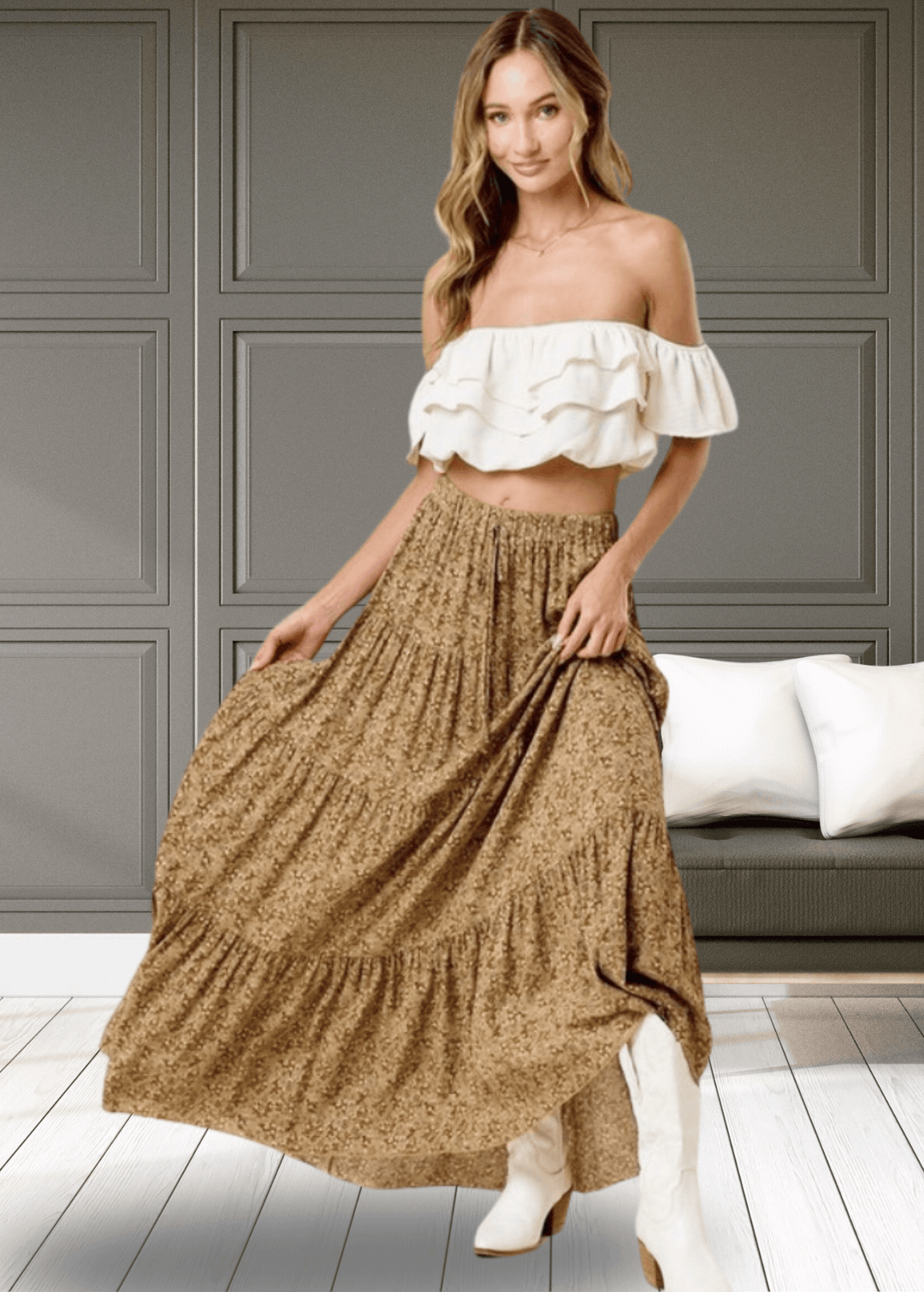 Made in USA Women's Taupe Mustard Rayon Ditsy Floral Maxi Skirt | Classy Cozy Cool Made in America Boutique