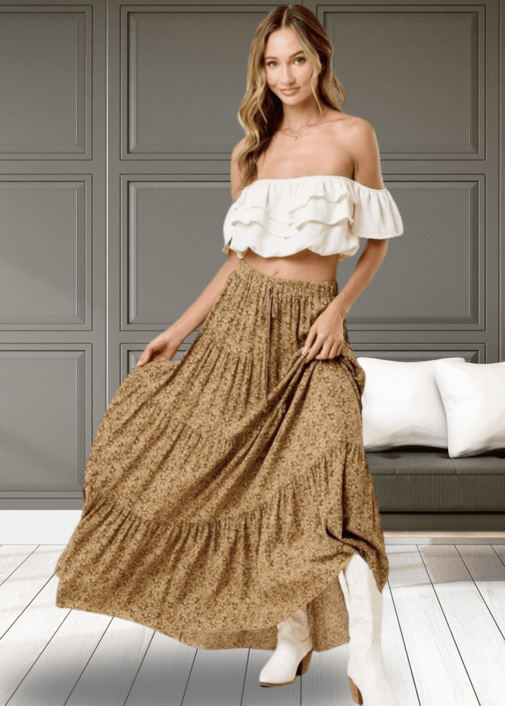 Made in USA Women's Taupe Mustard Rayon Ditsy Floral Maxi Skirt | Classy Cozy Cool Made in America Boutique