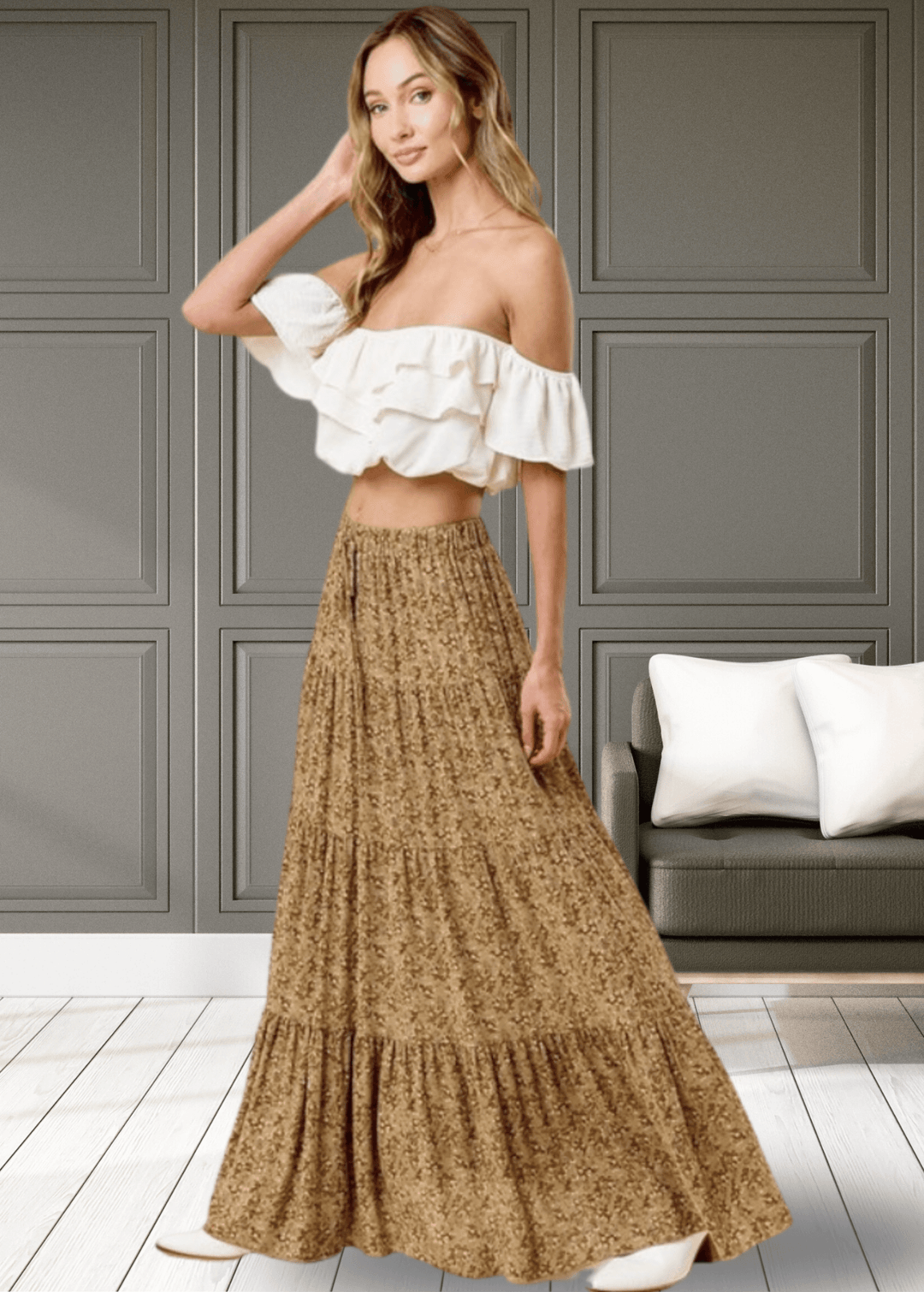 Made in USA Women's Taupe Mustard Rayon Ditsy Floral Maxi Skirt | Classy Cozy Cool Made in America Boutique