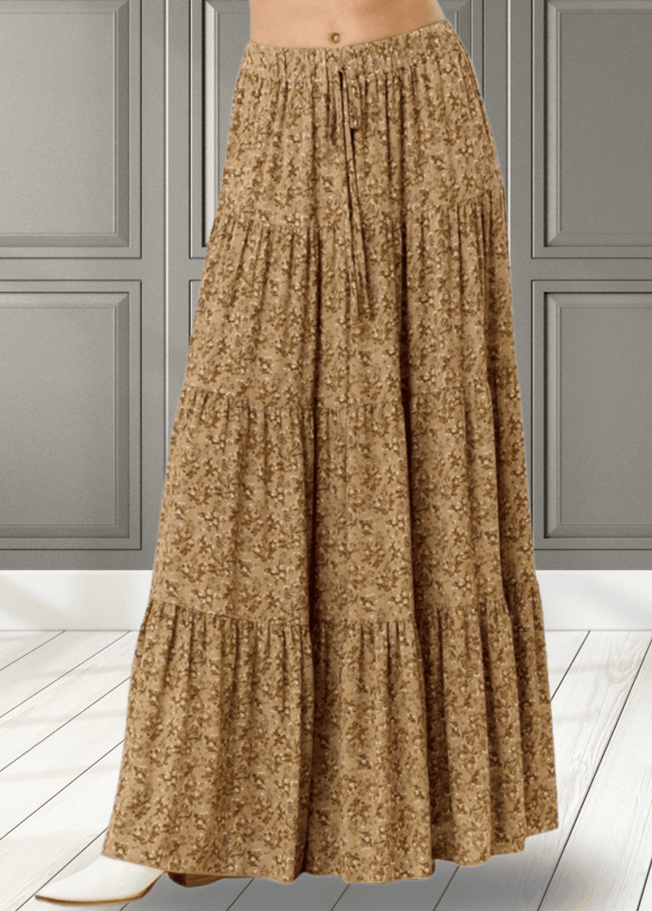 Made in USA Women's Taupe Mustard Rayon Ditsy Floral Maxi Skirt | Classy Cozy Cool Made in America Boutique