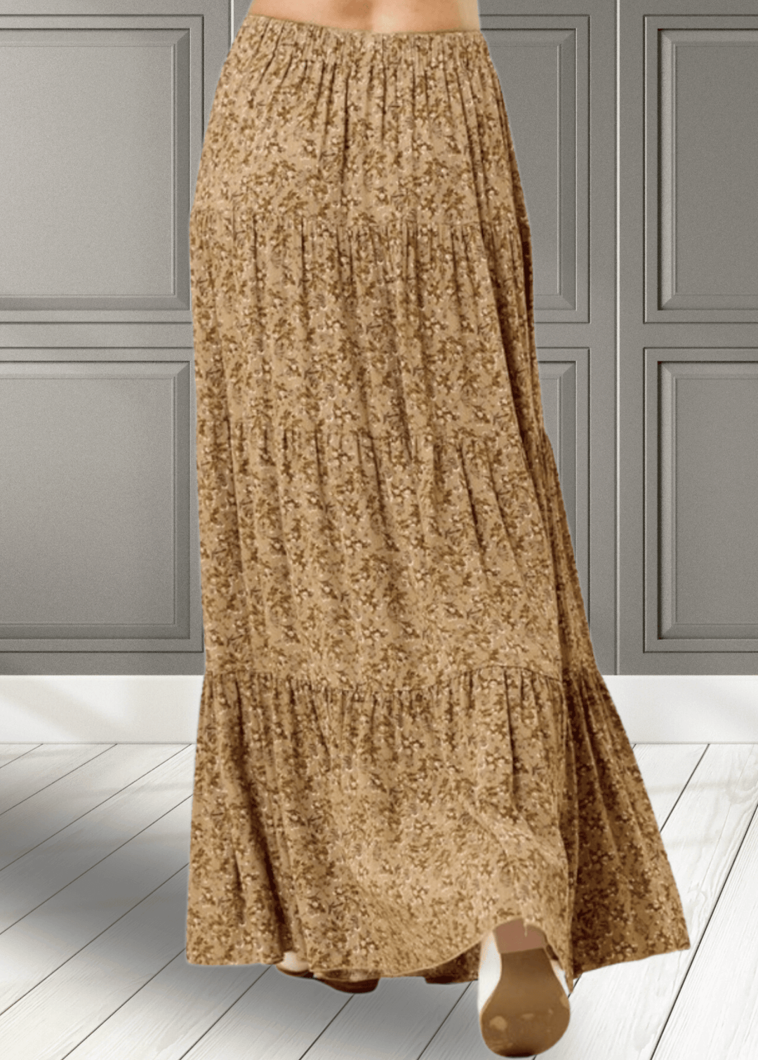 Made in USA Women's Taupe Mustard Rayon Ditsy Floral Maxi Skirt | Classy Cozy Cool Made in America Boutique