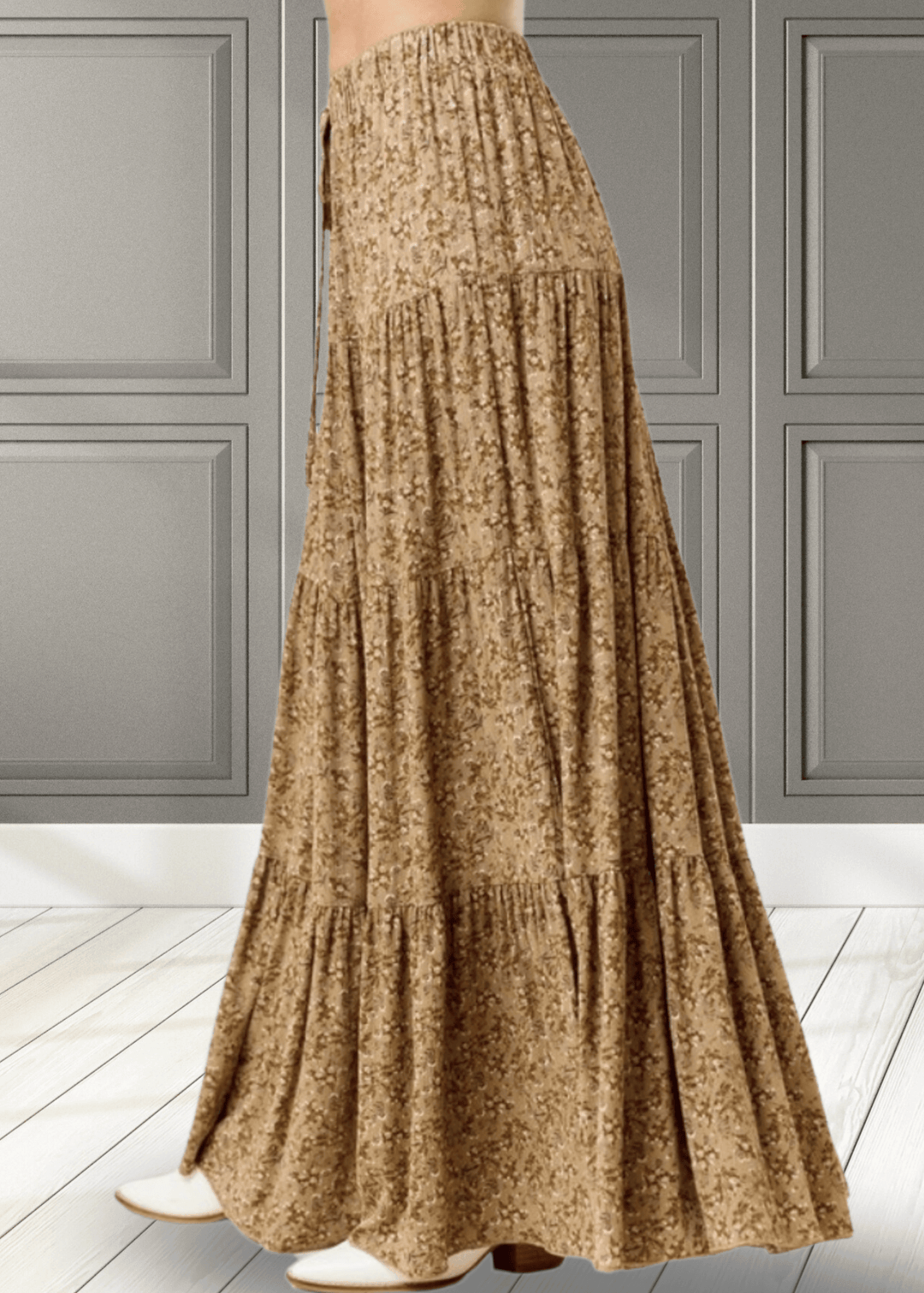 Made in USA Women's Taupe Mustard Rayon Ditsy Floral Maxi Skirt | Classy Cozy Cool Made in America Boutique